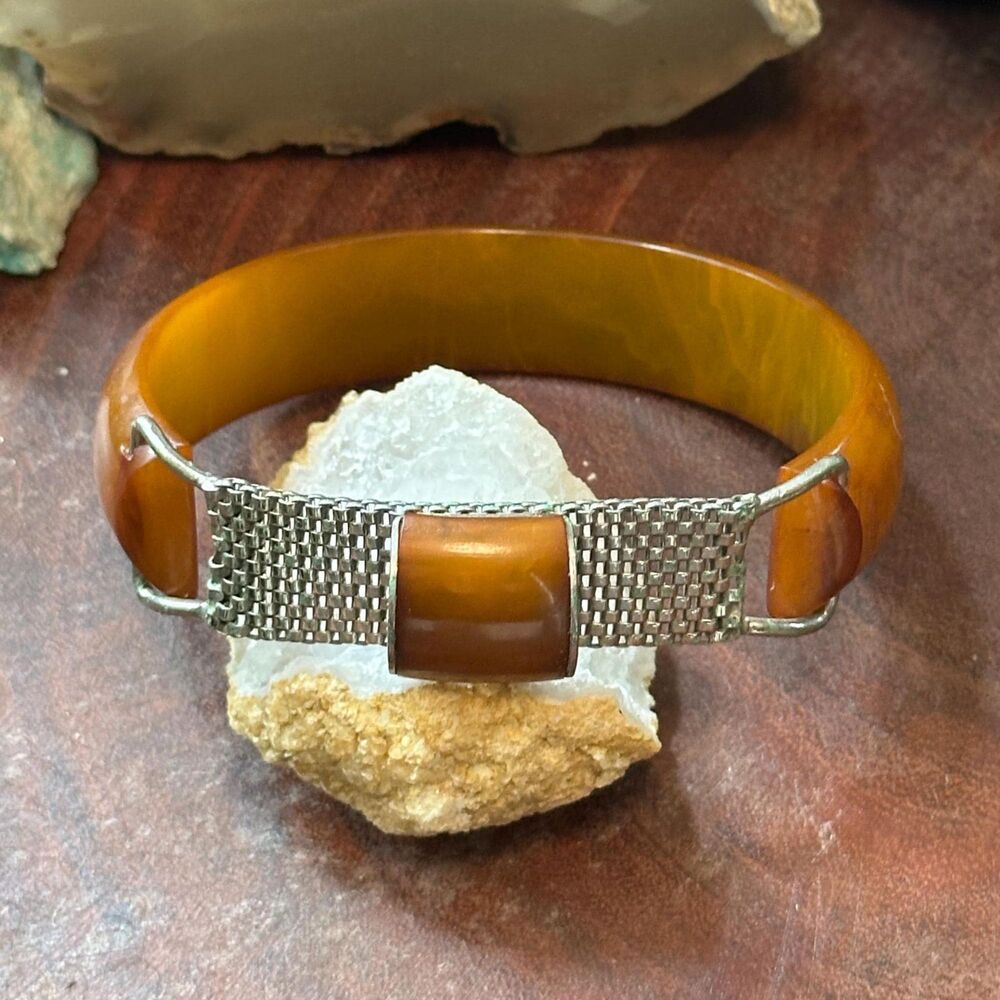 Vintage Bakelite Bracelet Art Deco Butterscotch Marbled Bangle with Metal Mesh